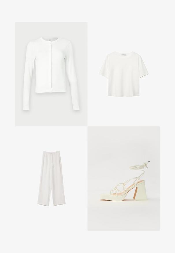 Valkoinen pitkähihaisen nappiketjun neuletakki, jossa on pyöreä kaula-aukko, slim fit -malli ja huomaamaton GAP-logotunnus kauluksessa.; Valkoinen lyhythihainen T-paita, joka on tehty puuvillasta. Siinä on pyöreä kaula-aukko ja rento malli. Silkkinen pinta ilman näkyviä kuvioita tai koristeita.; Valkoiset leveälahkeiset housut kevyestä kankaasta. Ominaisuuksiin kuuluu elastinen vyötärö, jossa on nauhakuuluma ja sivutaskut. Sileä rakenne.; Valkoinen korkokenkä, jossa on paksu korko, ja joka sisältää nauhakiinnityksen ja nilkkaketjun. Sujuva pinta, jossa on platform-etupohja lisäkorkeutta varten.