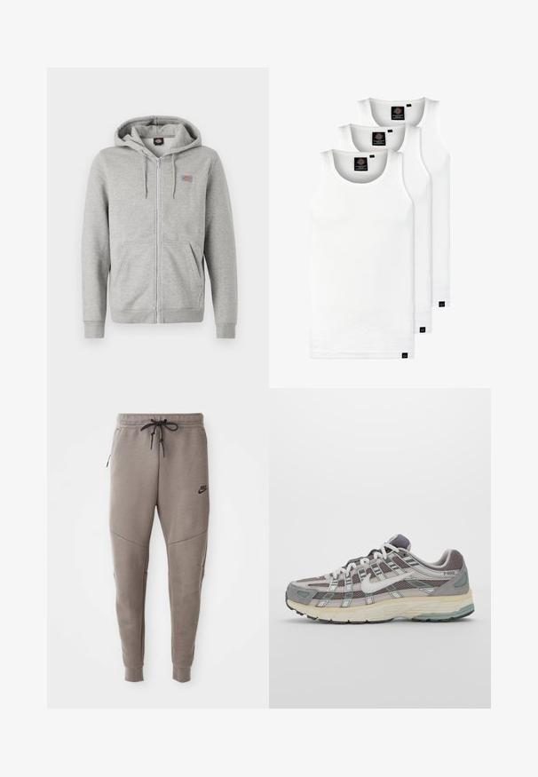 Sivý zipsový hoodie vyrobený z mäkkej bavlnenej zmesi. Obsahuje kapucňu so šnúrou, dve predné vrecká a malé logo na hrudi.; Tri biele rebrované tielka vyrobené z bavlny. Majú okrúhly výstrih a malé čierne štítky pri leme. Dostupné v rôznych veľkostiach.; Sivé tepláky Nike s nastaviteľným pásom, zúženými nohavicami, bočnými vreckami a výrazným švom. Mäkká, textúrovaná látka.; Šedá športová obuv so zvrškom z nylonu a semišu, bielymi akcentmi, polstrovanou podrážkou a jedinečným dizajnom s reflexnými prvkami.