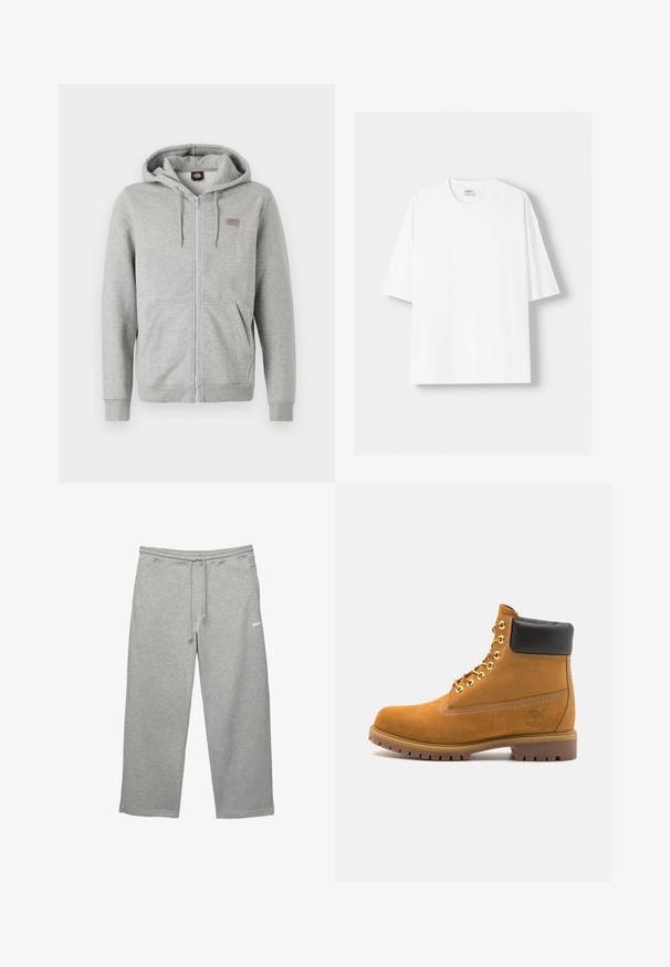 Sivi zip-up dukserica napravljena od mekane mješavine pamuka. Sadrži kapuljaču s uže, dva prednja džepa i mali logo na prsima.; Bijela kratkodlana majica s kratkim rukavima, izrađena od pamuka, s okruglim izrezom i opuštenim krojem. Gladak materijal, bez vidljivih uzoraka ili akcenta.; Sive trenerke od mekanog materijala s elastičnim pojasom, podesivom vezicom i bočnim džepovima. Ima mali bijeli logo.; Antracitne antilop čizme do gležnjeva s crnim podstavljenim ovratnikom, zlatnim metalnim rupicama, bijelim šavovima i robusnom gumenom potplatom s izraženim šarama.