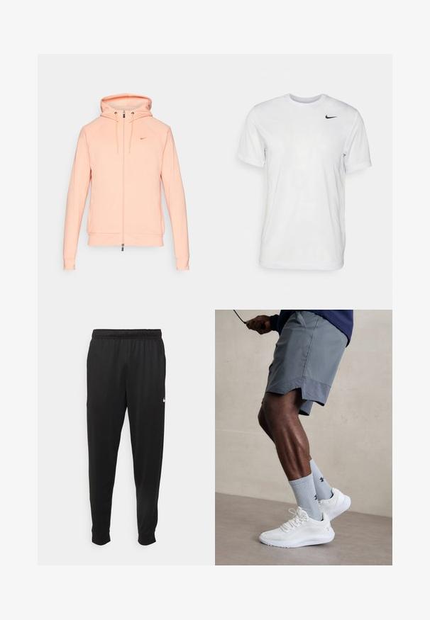 Ljusrosa Nike zip-up hoodie med huva, långa ärmar och elastiska muddar. Har en broderad logotyp på bröstet och en mjuk yta.; Vit t-shirt med kort ärm i mjukt tyg. Har en rund hals och en liten svart Nike-logotyp på vänster bröst.; Svarta träningsbyxor i slät tyg, med elastisk midja, avsmalnande ben och en liten vit logotyp på vänster sida.; Vita atletiska skor med texturerad meshöverdela, kombinerat med ljusblå räfflade strumpor med en logotyp. Grå atletiska shorts med perforerad kant.