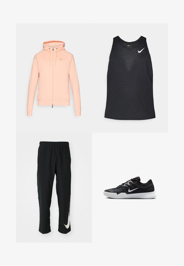 Ljusrosa Nike zip-up hoodie med huva, långa ärmar och elastiska muddar. Har en broderad logotyp på bröstet och en mjuk yta.; Svart träningslinne med perforerad textur och rundad halsringning. Har en vit Nike-logga på bröstet.; Svarta träningsbyxor med elastisk midja, avsmalnande design, med en stor vit Nike-logotyp på vänster ben. Mjuk, lättviktig tyg.; Svarta träningsskor med en texturerad ovandel, vit Nike-logga och en vit gummisula. Har snörningsdesign och en dynamisk form.