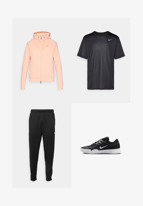 Haut de jogging zippé Nike rose clair avec capuche, manches longues et poignets élastiques. Présente un logo brodé sur la poitrine et une texture lisse.; T-shirt de sport noir à manches courtes, col rond, fabriqué en tissu lisse. Il présente un petit logo Nike blanc en haut à gauche.; Pantalon de sport noir en tissu lisse, avec une taille élastique, des jambes fuselées et un petit logo blanc sur le côté gauche.; Chaussure de sport noire avec une tige texturée, un swoosh blanc de Nike et une semelle extérieure en caoutchouc blanc. Elle présente un design à lacets et une forme dynamique.