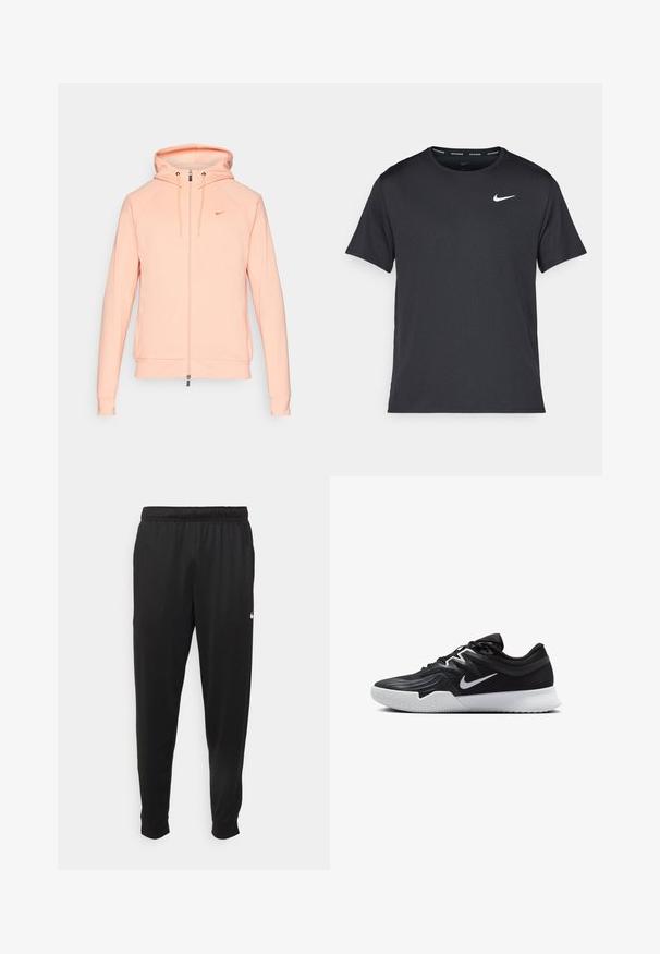 Haut de jogging zippé Nike rose clair avec capuche, manches longues et poignets élastiques. Présente un logo brodé sur la poitrine et une texture lisse.; T-shirt de course noir Nike en matériau léger et respirant, avec des manches courtes et un petit logo blanc sur la poitrine.; Pantalon de sport noir en tissu lisse, avec une taille élastique, des jambes fuselées et un petit logo blanc sur le côté gauche.; Chaussure de sport noire avec une tige texturée, un swoosh blanc de Nike et une semelle extérieure en caoutchouc blanc. Elle présente un design à lacets et une forme dynamique.