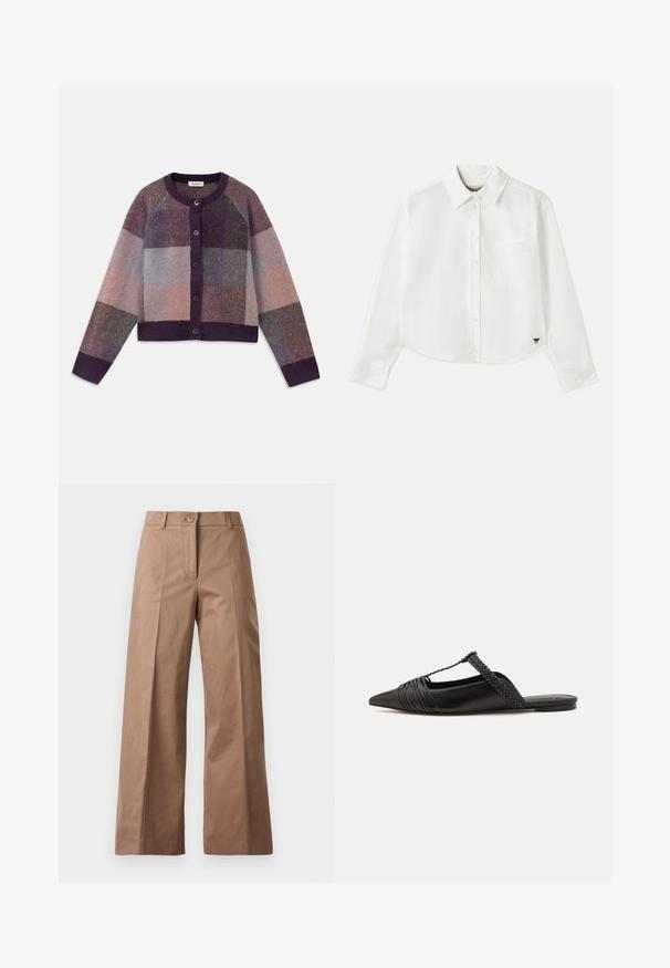 Pletený sveter v odtieňoch fialovej, šedej a béžovej, s kockovaným vzorom, okrúhlym výstrihom a zapínaním na prednej strane.; Biely skrátený dlhý rukáv košeľa vyrobená z bavlny. Má gombíkový predný zapínanie, vrecko na hrudi a malé čierne logo na spodnej ľavej strane.; Hnedé nohavice s širokými nohavicami vyrobené z hladkej látky, s predným zapínaním na gombík, dvoma prednými vreckami a čistými, precízne vykrojenými líniami.; Čierne kožené sandále so špičatou špičkou, ktoré majú tkaný detail a zborený dizajn vrchnej časti. Plochá podrážka s minimálnym hardvérom.