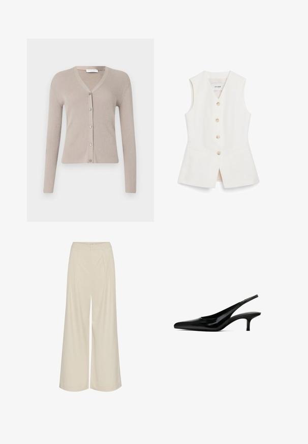 Tiger of Sweden GIANE - Kardigan - granite; Bílá bezrukávová vesta s fitted designem, šesti kulatými knoflíky a dvěma předními kapsami. Vyrobena z hladkého materiálu s čistým vzhledem.; Kalhoty s širokými nohavicemi ve světle béžové látce, s plisováním, vysokým pasem a hladkou texturou bez viditelných ozdob.; Černý špičatý slingback s lesklou koženou povrchovou úpravou a tenkým, nízkým podpatkem. Obsahuje výřez na boku pro prodyšnost.