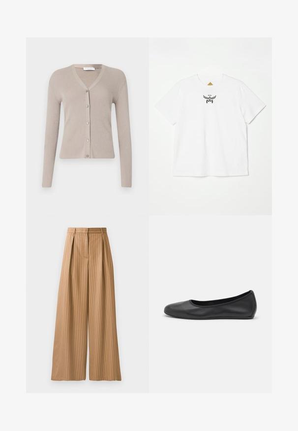 Tiger of Sweden GIANE - Kardigán - granite; Fehér pamut póló, amelyen egy kis fekete logó látható szárnyakkal és "MCM" felirattal az elülső középen. Rövid ujjú és kerek nyakú dizájn.; Széles szárú nadrág világosbarna anyagban, függőleges fehér csíkokkal. Derékrészen pliszék találhatók, és az anyag sima textúrájú.; Fekete bőr balettcipő lekerekített orral, sima tekstúrával, minimális varrással és rugalmas talp kialakítással.