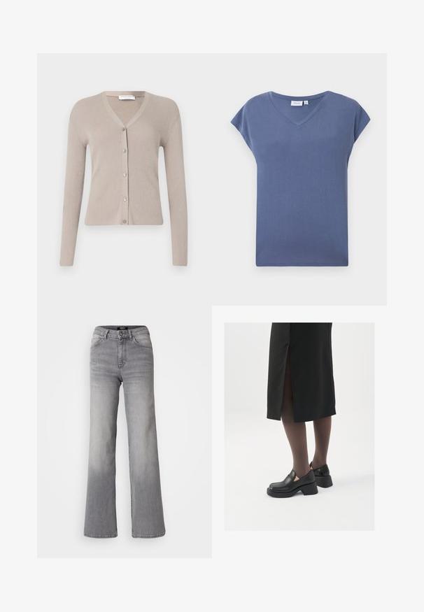 Tiger of Sweden GIANE - Cardigan - granite; V-neck, short-sleeve T-shirt in a muted blue color, made of soft cotton material with a smooth texture and a relaxed fit.; Light grey wide-leg jeans with a high waist, classic five-pocket design, button closure, and subtle fading throughout.; Black leather shoes with a rounded toe, thick block heel, and elastic side accents, paired with dark tights and a black skirt with a slit.