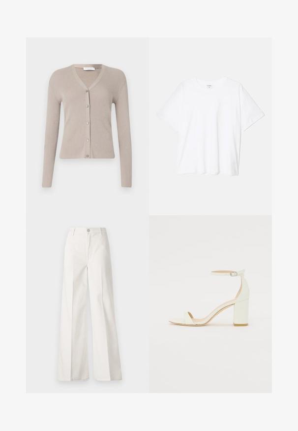Tiger of Sweden GIANE - Cardigan - granite; Tricou alb din bumbac, cu mâneci scurte, guler rotund, croi lejer și tiv cusut. Eticheta este vizibilă pe interiorul gulerului.; Pantaloni albi cu picioare largi, confecționați din bumbac cu o textură fină. Prezintă un buton în față, fermoar și un design cu patru buzunare.; Sandal din piele albă cu toc bloc, având o curea la glezna cu cataramă și un design minimalist. Vârf deschis și texturi netede pe întreaga suprafață.