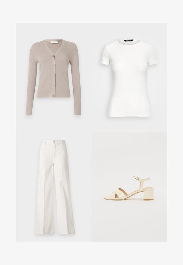 Tiger of Sweden GIANE - Kardigan - granite; Bílý bavlněný tričko s krátkými rukávy, kulatým výstřihem, přiléhavým střihem a hladkým povrchem. Logo nášivka na výstřihu.; Bílé volné kalhoty vyrobené z bavlny s hladkou texturou. Obsahují přední knoflík, zip a design se čtyřmi kapsami.; Beige lakované sandály na podpatku s křížovými pásky, otevřenou špičkou, nastavitelními nártními pásky a blokovým podpatkem. Hladký povrch.