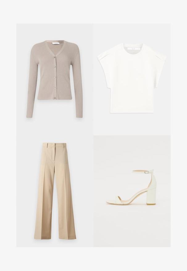 Tiger of Sweden GIANE - Kardigán - granite; Fehér, doboz formájú póló rövid ujjakkal. Simára símított szövetből készült, kerek nyakkivágással és diszkrét vállrészletekkel rendelkezik. Egyszerű dizájn.; Beige színű, bő szabású nadrág sima anyagból, lapos elejével, redőkkel, cipzáras záródással és övhurkokkal. Összességében testreszabott szabású.; Fehér bőrsarkú szandál bokaankarral és csattal, minimális dizájnnal. Nyitott orrú és sima textúrákkal az egész felületen.