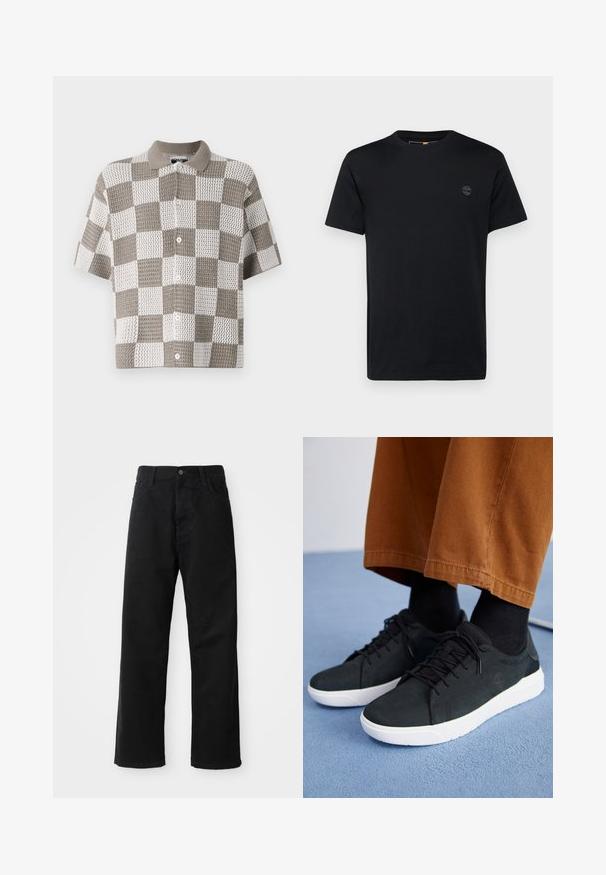 Short-sleeve, button-up shirt with a checkerboard pattern in brown and white. Made of textured knit fabric with a collar.; Black cotton t-shirt with a crew neckline, short sleeves, and a small, embroidered logo on the chest. Smooth texture, classic fit.; Black denim pants with a straight cut, featuring front pockets, a zip fly, and a single top button. Textured fabric with a matte finish.; Black suede sneakers with white rubber soles, featuring lace-up design, textured accents, and subtle branding, paired with brown pants.