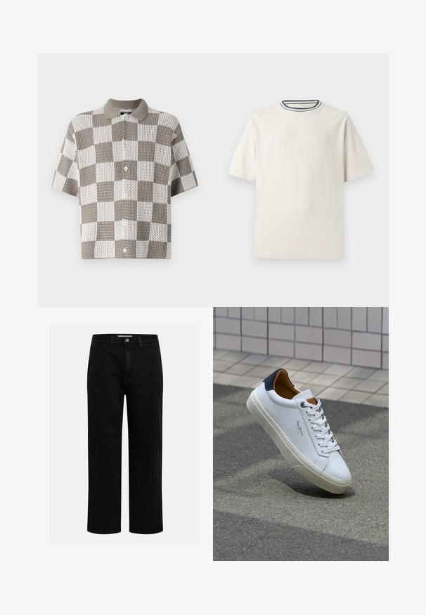 Short-sleeve, button-up shirt with a checkerboard pattern in brown and white. Made of textured knit fabric with a collar.; Cream-colored cotton t-shirt with short sleeves, featuring a round neckline accented by navy and white stripes. Smooth texture, relaxed fit.; Black denim pants with a straight-leg cut, classic five-pocket design, and a button closure at the waist. Smooth texture and durable fabric.; White leather sneaker with a navy heel, round toe, and contrasting brown accents. Features flat laces and textured rubber sole.