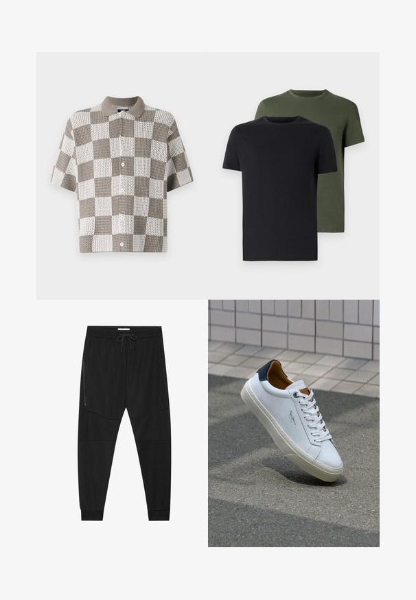 Korte mouwen, overhemd met knopen en een dambordpatroon in bruin en wit. Gemaakt van gestructureerde gebreide stof met een kraag.; Twee crew-neck t-shirts in zwart en olijfgroen, gemaakt van zachte katoen. Het ontwerp is eenvoudig met korte mouwen en een rechte snit.; Zwarte sportbroeken van textuurstof, met een verstelbare tailleband, een ritssluiting opzij en tapered boorden.; Witte leren sneaker met een marineblauwe hiel, ronde neus en contrasterende bruin accent. Beschikt over platte veters en een gestructureerde rubberen zool.