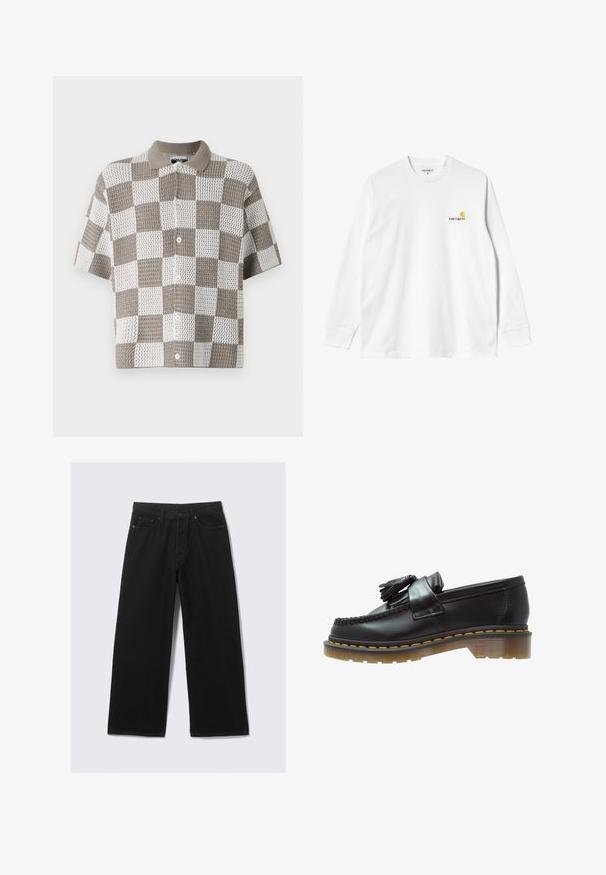Short-sleeve, button-up shirt with a checkerboard pattern in brown and white. Made of textured knit fabric with a collar.; Long-sleeve white cotton T-shirt with a crew neck, featuring a small yellow and burgundy logo on the left chest. Seamless cuffs and hem.; Black wide-leg trousers made from denim, featuring a classic five-pocket design and a structured waistband with belt loops.; Black leather loafers with a textured finish, featuring a decorative tassel and contrasting yellow stitching, on a chunky, transparent sole.