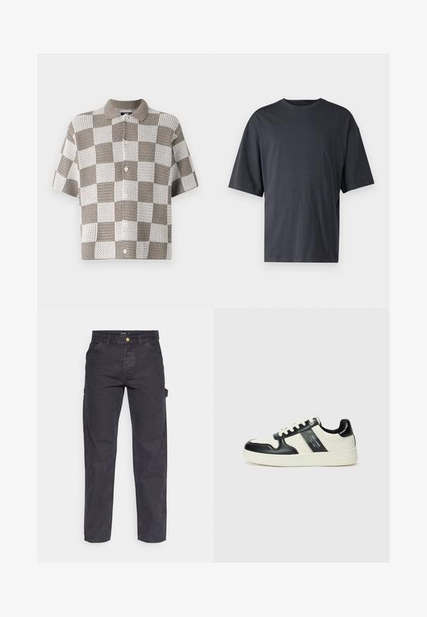 Korte mouwen, overhemd met knopen en een dambordpatroon in bruin en wit. Gemaakt van gestructureerde gebreide stof met een kraag.; Donkergrijs T-shirt met korte mouwen, gemaakt van lichtgewicht katoen, met een losse pasvorm en een klassieke ronde hals, met een effen textuur en zonder patronen.; Donkergrijze cargobroek van duurzaam materiaal, met een rechte pijp, vijf zakken en een knoopsluiting in de taille.; Leren sneakers met een zwart en crèmekleurig kleurenschema, voorzien van geperforeerde accenten, een gevoerde kraag en een gestructureerde buitenzool.