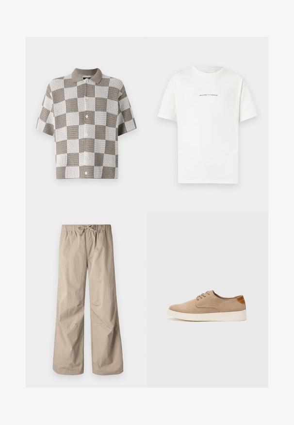 Chemise à manches courtes, à boutons, avec un motif en damier brun et blanc. Fabriquée en tissu tricoté texturé avec un col.; T-shirt en coton blanc à manches courtes et col rond. Le texte centré indique "BIENVENUE AU PARADIS" en une police verte courbée.; Pantalons beiges à jambes larges avec une taille élastique et un cordon de serrage. Texture lisse, deux poches latérales et coutures minimales pour un ajustement décontracté.; Baskets en daim beige avec un embout arrondi, un laçage sur le devant et un accent texturé à l'arrière. La semelle en caoutchouc blanche offre un contraste. Design simple et moderne.