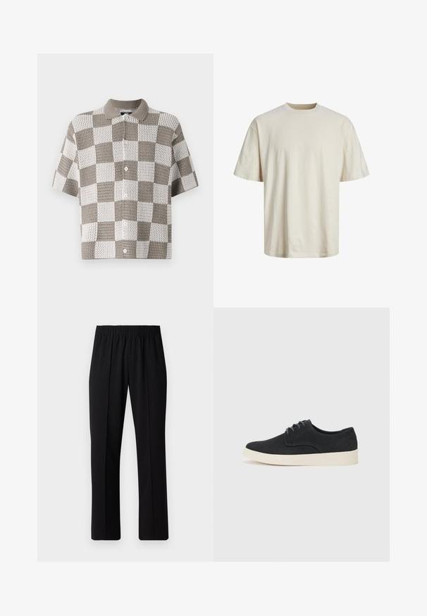 Camisa de manga corta con botones y un patrón de tablero de ajedrez en marrón y blanco. Fabricada en un tejido de punto texturizado con cuello.; Camiseta de algodón de cuello redondo en color blanco roto, con mangas cortas, corte relajado y una textura suave y ligera.; Pantalones negros con cintura elástica y diseño de pierna recta, con una textura suave y sin patrones o herrajes visibles.; Zapato negro de ante con cordones, punta redonda, suela ligera de color crema y sutiles acentos de costura azul en la parte superior.