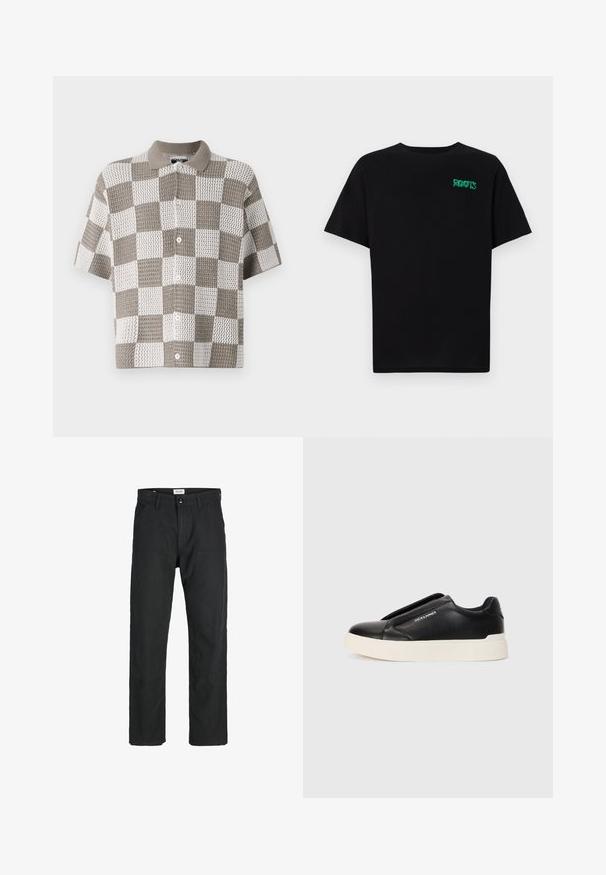 Cămașă cu mâneci scurte, cu nasturi, în carouri maro și alb. Fabricată dintr-un material tricotat texturat, cu guler.; Tricou negru din bumbac, cu mâneci scurte. Prezintă un logo verde "ROOTS" pe față, guler rotund și o potrivire standard.; Pantaloni negri dintr-un material durabil, cu un design cu picior drept, accente cusute și două buzunare frontale pentru funcționalitate.; Tenis negri slip-on cu upper din piele texturată, talpă din cauciuc alb și fără șireturi vizibile. Prezintă logo-ul mărcii pe lateral.