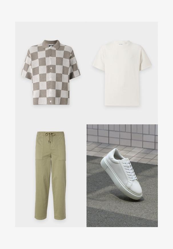 Camicia a maniche corte, con bottoni, in una stampa a scacchi marrone e bianco. Realizzata in un tessuto a maglia testurizzato con colletto.; T-shirt bianca a maniche corte in texture a coste. Girocollo, vestibilità rilassata, senza modelli o accenti visibili. Design semplice e versatile.; Pantaloni verde oliva chiaro realizzati in tessuto misto cotone, con una vita elasticizzata e cordoncino, e due ampie tasche laterali.; Sneaker bianco in pelle con superficie liscia, punta rotonda e lacci piatti bianchi. Presenta una suola in gomma texturizzata e un design minimale.