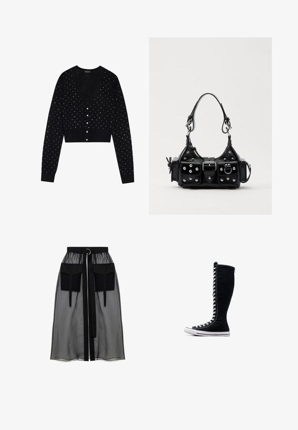 Even&Odd Kardigán - black; Čierny dlhý rukáv crop top s vysokým golierom, priehľadnou sieťovinou v oblasti pása a tvarovanými švami pre priliehavý dizajn.; Čierna priesvitná sukňa s naťahovacím pásom, ktorá má dve veľké predné vrecká, opasok na viazanie a kruhový kovový akcent.; Čierne vysoké tenisky s vysokým dizajnom, vyrobené z plátna. Majú biele šnúrky, švy a gumovú podrážku s ochranným krytom na špičke.; Čierna kožená kabelka s zakriveným dizajnom, doplnená striebornými cvočkami, prackou a dvoma bočnými vreckami. Nastaviteľný popruh poskytuje rôzne možnosti nosenia.