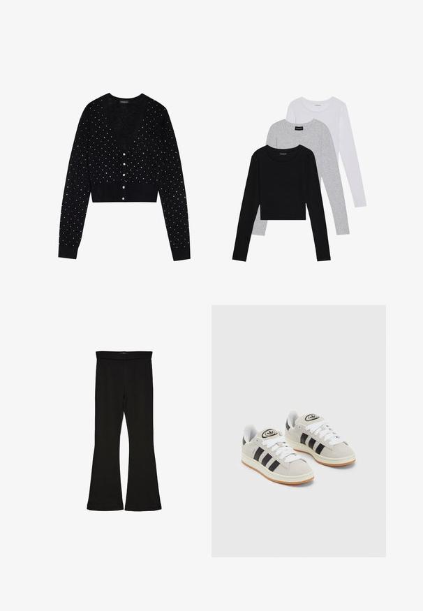 Even&Odd Kardigan - black; Tři trička s dlouhým rukávem naskládaná na sobě: černé, šedé a bílé. Každé má kulatý výstřih a kratší střih z hladkého, lehkého materiálu.; Černé legíny s rozšířením vyrobené z elastického materiálu. Mají široký pás a hladkou strukturu, s přiléhavým střihem, který se na lemu rozšiřuje.; Šedé semišové tenisky s bílými tkaničkami, černými pruhy a bílou gumovou podrážkou. Mají kulaté logo na jazyku a gumovou podrážku.