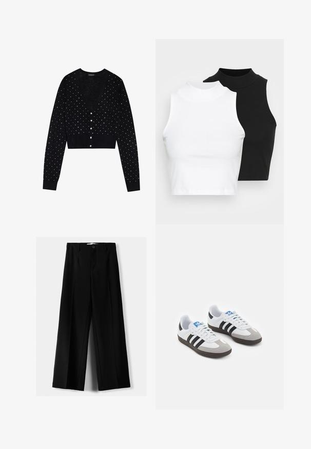 Even&Odd Vesta na kopčanje - black; Dvije bezrukavne rebraste majice s visokim ovratnikom u crnoj i bijeloj boji, s prilagođenim dizajnom i glatkom teksturom, te skraćenom dužinom.; Crne široke hlače izrađene od lagane tkanine, s prednjim zatvaranjem na dugme i ravnim prednjim dijelom, sa uredno šivenim rubovima.; Sportske cipele s gornjištem od bijele kože, sivi suedinasti nos i tri crne pruge. Imaju plavi logo na jeziku i teksturiranu gumenu podlogu.