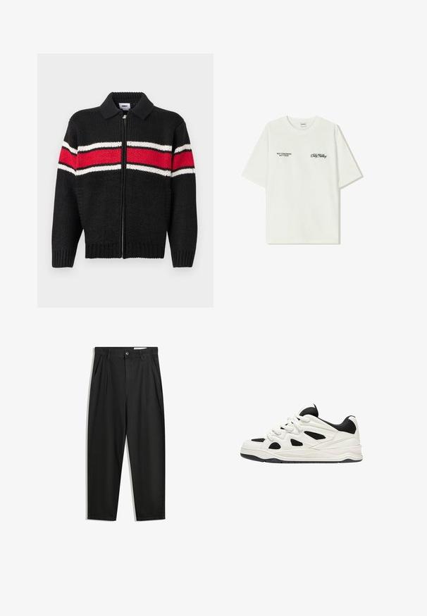 Črni pleteni kardigan z zadrgo spredaj, z rdeče-belimi črtastimi poudarki na prsih in rokavih ter ovratnikom.; Bela bombažna majica s kratkimi rokavi. Na sprednji strani je črn napis: "NE JUTRI NE DANES" in "UMETNOST SVETOVANJA" v zeleni pisavi.; Črne bombažne hlače s sproščenim krojem, ki vključujejo klasičen pas, sprednje gube in stranske žepke. Gladka tekstura brez vzorcev.; Bele in črne športne čevlje z teksturiranim podplatom, ki vsebujejo izrezljane vzorce na straneh in vezalkah ter oblazinjeno zadnjo stran za podporo.