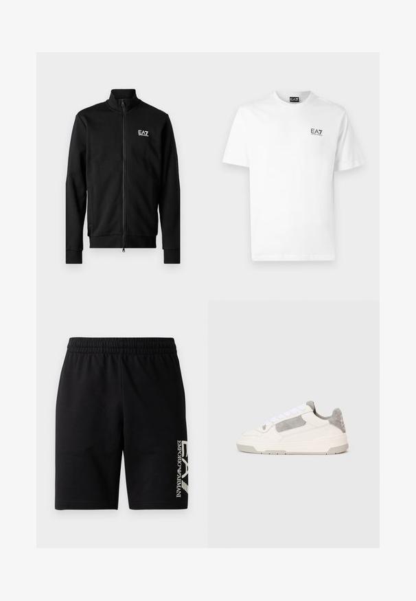Črna zip-up jakna iz gladkega materiala, s stoječim ovratnikom, prilegnjenimi manšetami in majhnim belim logotipom na prsih.; Bela bomba s kratkimi rokavi z okroglim izrezom in črnim logotipom EA7 na levem prsnem delu. Gladka, enostavna tekstura.; EA7 Emporio Armani TRAIN VISIBILITY - Kratke hlače - black/cream; Beli in svetlo sivi nizki športni copat s belimi vezalkami in semiš detajli, prikazan s strani na enobarvni svetli podlagi.