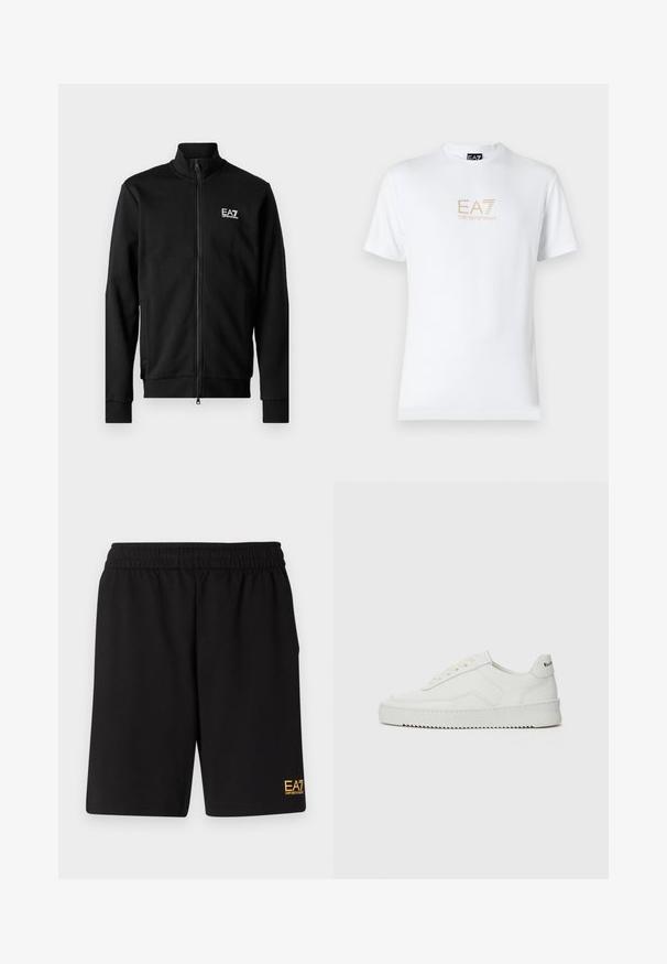 Chaqueta negra con cremallera hecha de tela suave, con un collar alzado, puños ajustados y un pequeño logotipo blanco en el pecho.; Camiseta blanca de algodón con escote redondo y mangas cortas, con un logo dorado de EA7 Emporio Armani impreso en el frente.; Pantalones cortos deportivos negros de tejido suave, con una cintura elástica y un pequeño logo amarillo de EA7 en la parte inferior de la pierna izquierda.; Zapatilla de cuero blanca con un acabado suave, puntera redonda, cordones planos y suela texturizada. Cuenta con un sutil logo en el talón.