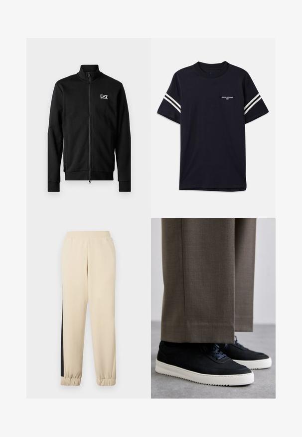 Melnā kapucojamā jaka, izgatavota no gludas auduma, ar izcelto apkakli, pieguļošām piedurknēm un mazu baltu logo uz krūtīm.; Kreklu tumši zilā krāsā, izgatavots no kokvilnas, ar apaļu kakla izgriezumu, īsām piedurknēm un baltajām svītrām uz pleciem, ar drukātu logotipu uz krūšu daļas.; Krēmkrāsas sporta bikses ar melnām sānu joslām, elastīgu jostasvietu un ribotu piedurkni. Mīksta auduma, ar brīvu piegriezumu.; Melni zamšaini sporta apavi ar baltām gumijas zolēm, ar noapaļotu purngalu un auklām, valkāti ar pelēkiem piegrieztiem biksēm.