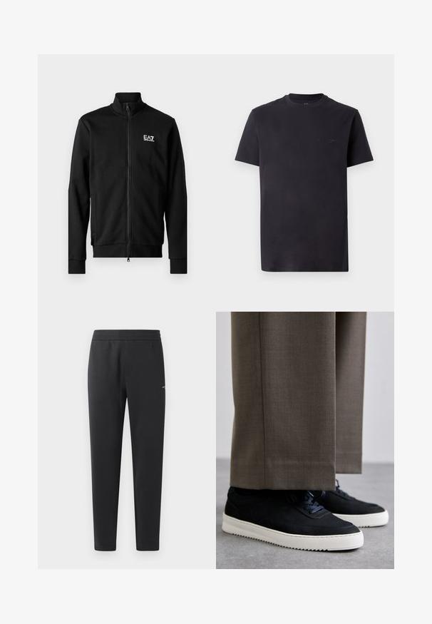 Juodas užtrauktukas striukė, pagaminta iš lygaus audinio, su stovinčiu apykaklė, priglundančiomis rankovėmis ir mažu baltu logotipu ant krūtinės.; Juodas medvilnės marškinėlis su apvaliu kaklu, trumpomis rankovėmis ir iškilniu logotipo detalėmis ant krūtinės. Lygus paviršius, laisvas fasonas.; Juodos sportinės kelnės, pagamintos iš minkštos medžiagos, su elastinga juosmeniu, tiesiomis kojomis ir nedideliu logotipo akcentu šone.; Juodi zomšiniai sportbačiai su baltais guminiais padais, su apvalia nosimi ir raišteliais, dėvimi su pilkais pritaikytais kelnais.