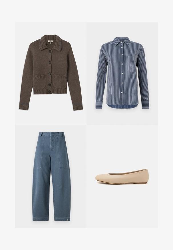 Pruun kootud kardigan, millel on kraega kaelus, viis musta nööpi, soonilised varrukad ja kaks esitaskut. Kaunistatud helesiniste õmblustega.; Nööpidega särk tumesiniste ja valgete triipudega, pikkade varrukatega, ühe rinnataskuga ja klassikalise kaelusega, valmistatud kergest kangast.; Heledad laiad teksapüksid helesinises värvitoonis, millel on tekstureeritud pind, kaks esist taskut ja vastupidav õmblus ääres.; Beeži nahk balletitossud ümarate varvastega, minimaalse õmbluse detailiga, madala kanna ja diskreetse logoga taga. Sile, mati tekstuur.