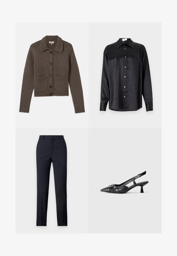 Brauner Strickcardigan mit Kragen, fünf schwarzen Knöpfen, gerippten Bündchen und zwei Vorderentaschen. Mit hellblauer Naht verziert.; Schwarzes Langarmhemd mit kragenförmigem Halsausschnitt, mit einem zerknitterten Textur, voller Knopfleiste und Manschetten. Hergestellt aus einem glatten Stoff.; Marineblaue Tailored-Hosen mit geradem Schnitt, ausgestattet mit glattem Material, zwei frontalen Taschen und einem schlichten Bund.; Schwarzer Leder-Slingback-Schuh mit spitz zulaufender Zehenpartie, dekorativen Riemen mit METALLÖSEN und niedrigem Blockabsatz. Strukturelle Oberfläche.
