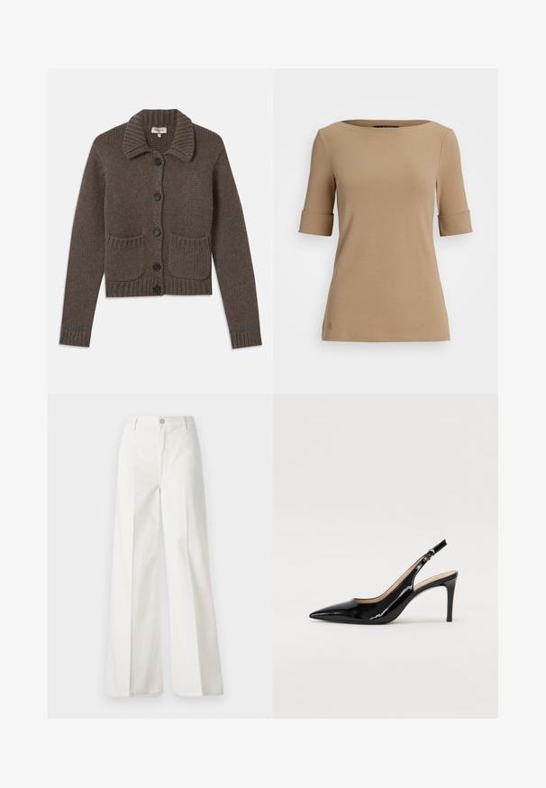 Smeđa pletena kardigan sa ovratnikom, pet crnih gumba, rebrastim manžetama i dva prednja džepa. Okićen svijetloplavim šavovima.; Bež majica kratkih rukava s okruglim izrezom, koja ima zavrnute manžete i glatku teksturu. Mali logo detalj blizu donjeg ruba.; Bijele široke hlače izrađene od pamuka s glatkom teksturom. Imaju prednji gumb, patentni zatvarač i dizajn s četiri džepa.; Crne lakirane slingback cipele s oštrim vrhom, uskim potpeticama i suptilnim izrezom. Sadrže zlatnu kopču na traku.
