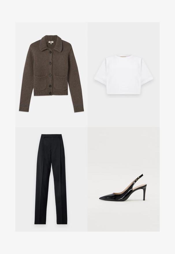 Brun strikket cardigan med krave, fem sorte knapper, ribbede manchetter og to forlommer. Accentueret med lyseblå syninger.; KFrakelse hvid t-shirt lavet af blødt stof, med korte ærmer, rund halsudskæring og ribbede nederste detaljer. Enkel og udekoreret design.; Sorte bukser lavet af glat stof, der har høj talje, brede ben, frontfolder og klassiske bælteløkker. Ingen synlige sidelommer.; Sort patenteret læder slingback stiletto med spids tå, slank hæl og et subtilt udskæringsdesign. Har en gylden spænde på remmen.