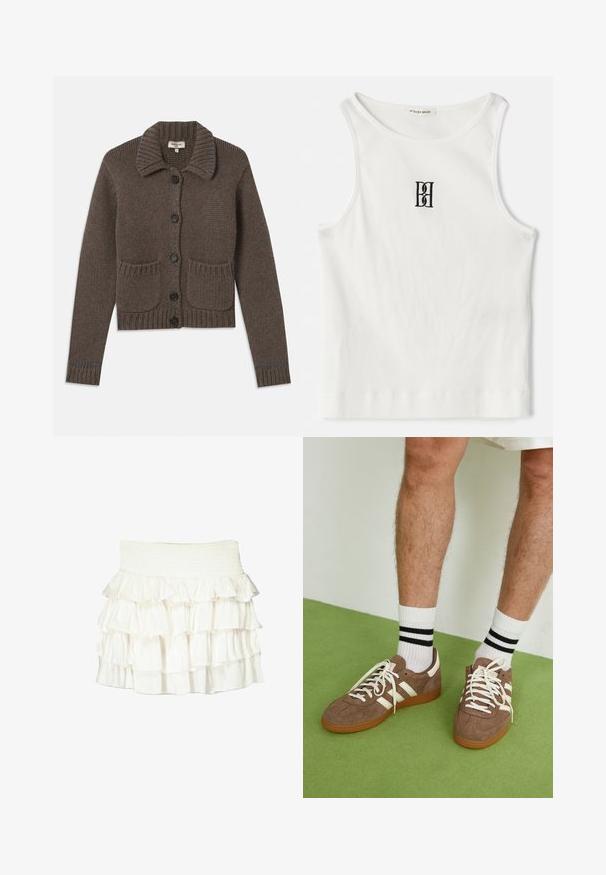Hnedý pletený kardigán s golierom, s piatimi čiernymi gombíkmi, rebrovanými manžetami a dvoma prednými vreckami. Doplnkovaný svetlomodrým prešívaním.; Biely rebrovaný tielko s čiernym výšivkovým logom umiestneným na hrudi. Výstrih a otvory na rukávy sú dokončené jemným lemovaním.; Biela sukňa s volánmi a smockovaným pásom. Obsahuje vrstvené, priehľadné volány, ktoré vytvárajú textúrovaný a plynulý vzhľad.; Hnedé zamatové tenisky s bielymi akcentmi a šnúrkami. Gumová podrážka. Nosené s bielymi ponožkami so čiernymi pruhmi. Zelená textúrovaná podlaha.