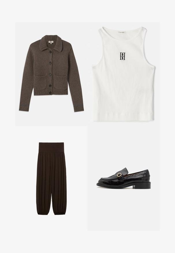 Brązowy, dziany kardigan z kołnierzykiem, pięcioma czarnymi guzikami, ściągaczami na rękawach oraz dwoma przednimi kieszeniami. Akcentowany jasnoniebieskimi niciami.; Biały prążkowany top na ramiączkach z czarnym haftowanym logo umieszczonym na środku klatki piersiowej. Dekolt i otwory na ramiona wykończone subtelnym obszywaniem.; Brązowe spodnie z plisami i szerokim, elastycznym pasem. Materiał jest lekki i teksturowany, z marszczonymi wykończeniami u dołów.; Czarne skórzane loafersy z połyskującym wykończeniem, z dekoracyjnym okrągłym zapięciem i niskim obcasem blokowym. Klasyczny design z haftowanymi detalami.