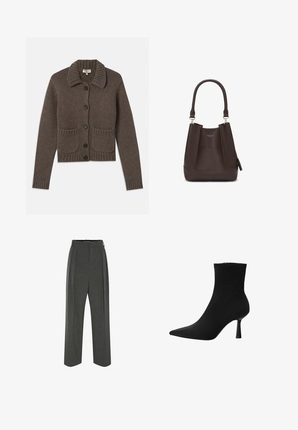 Cardigan tricotat maro cu guler, cinci nasturi negri, mansete cu nervuri și două buzunare frontale. Accentuate cu o cusătură bleu deschis.; Top din bumbac alb cu nervuri, având un logo brodat negru centrat pe piept. Decolteul și brațele sunt terminate cu o margine subtilă.; Pantaloni gri, croiți, cu talie înaltă, cu pliseuri, design cu picior larg și textură netedă. Închidere cu un fermoar discret.; Botină neagră până la gleznă, confecționată dintr-un material neted, cu vârf ascuțit și toc subțire stileto, având un design uniform și fără elemente de prindere vizibile.; Carlheim ADALINE - Geantă de mână - brown