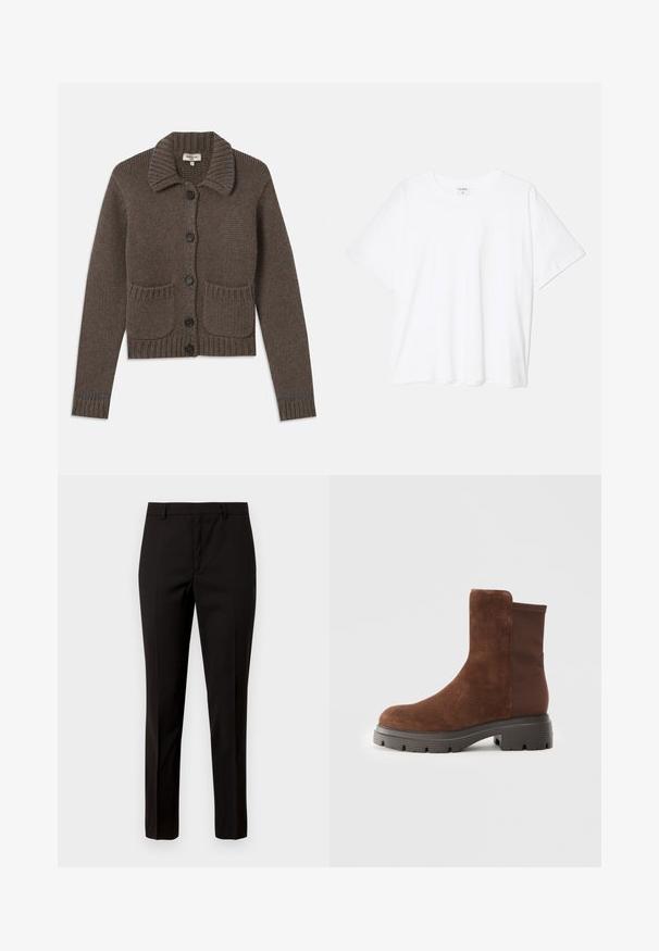 Brun strikket cardigan med krave, fem sorte knapper, ribbede manchetter og to forlommer. Accentueret med lyseblå syninger.; Hvid bomulds-t-shirt med korte ærmer, rund halsudskæring, afslappet pasform og stitched søm. Mærket er synligt indeni halsen.; Sorte skræddersyede bukser med lige ben-design, lavet af glat stof, med flad front og bæltestropper. Ingen synlige mønstre eller accenter.; Brun ruskindsankelstøvle med elastiske sidepaneler, rund tå og en tyk gummisål med en struktureret slidbane.