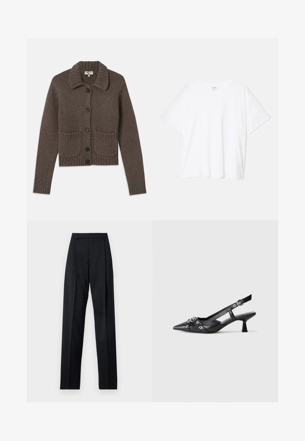 Cardigan lavorato a maglia marrone con collo a camicia, cinque bottoni neri, polsi a coste e due tasche frontali. Accentuato da cuciture azzurre.; T-shirt bianco in cotone con maniche corte, scollo rotondo, vestibilità comoda e orlo cucito. Etichetta visibile all'interno del colletto.; Pantaloni neri realizzati in tessuto morbido, caratterizzati da vita alta, gambe larghe, pince frontali e classiche passanti per cintura. Non ci sono tasche laterali visibili.; Scarpa slingback nera in pelle con punta affusolata, cinturini decorativi con occhielli metallici e tacco basso a blocco. Superficie testurizzata.