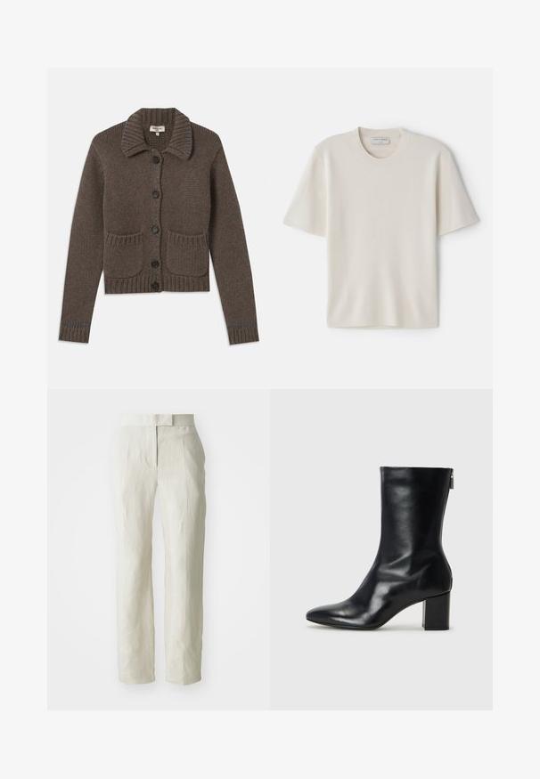 Brown knitted cardigan with a collared neck, five black buttons, ribbed cuffs, and two front pockets. Accented with light blue stitching.; Cream short-sleeve t-shirt with a round neckline, made from soft material, featuring a straight cut and minimal detailing.; White linen trousers with a tailored fit, featuring a flat front and straight legs. Smooth texture with slight creasing detail.; Black leather ankle boot with a pointed toe and 4 cm block heel. Sleek design features a side zipper for easy wear. Smooth texture.