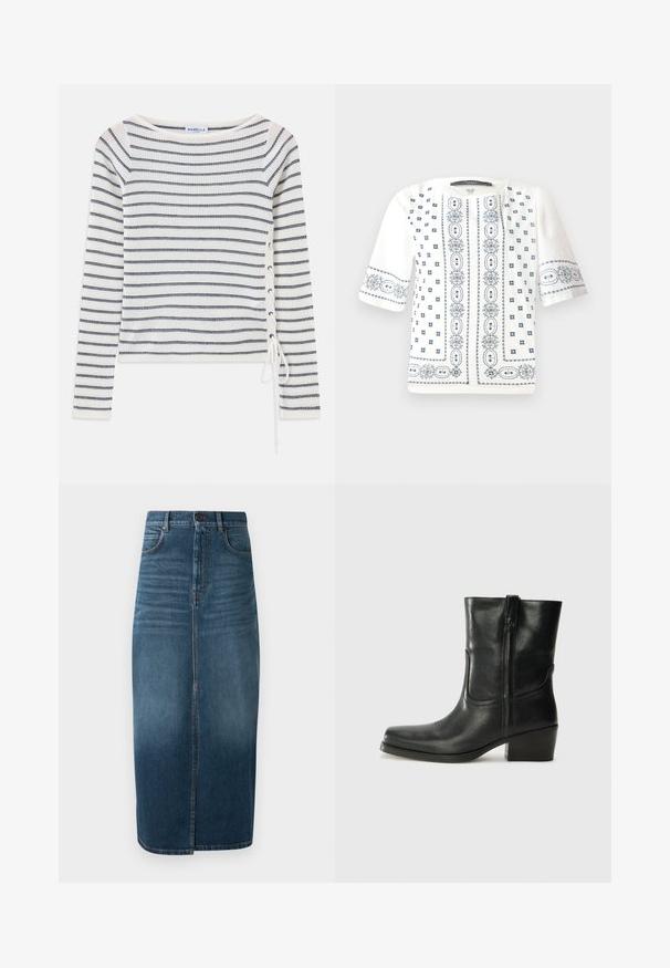 Svītrainā ilgā piedurkne augšdaļa baltā un tumši zilā krāsā, ar plašu kakla izgriezumu un saites detaļu sānos. Izgatavota no teksturētas adītas auduma.; Balts īsajām piedurknēm blouse ar zilu ziedu izšuvumu, apaļu kakla izgriezumu un sarežģītiem rakstiem pa priekšu un piedurknēm.; Tumši indigo džinsu midi svārki ar priekšējo šķēlumu un vieglu izbalējumu. Klasicks piecu kabatu dizains ar metāla pogas aizdari.; Melna ādas potīte ar noapaļotu purngalu, bloku papēdi, sānu rāvējslēdzēju un šuvju akcentiem uz virsmas. Gluda tekstūra, klasiskā dizaina.