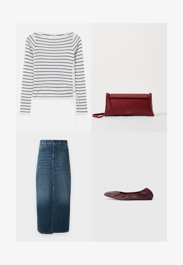Striped long-sleeve top in white and navy, featuring a wide neckline and lace-up detail on the side. Made from a textured knitted fabric.; White short-sleeve blouse featuring blue floral embroidery, a round neckline, and intricate patterns along the front and sleeves.; Denim midi skirt in dark indigo, featuring a front split and slight fade. Classic five-pocket design with metal button closure.; Ballet flat in deep burgundy leather, featuring a rounded toe, elasticized rim, and smooth texture with subtle pleating detail.; Red leather clutch bag with a textured finish, featuring a flat fold-over top and a short strap. Subtle brand logo on the front.