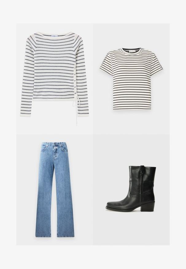 Pruhana dolga majica z dolžnimi rokavi v beli in mornarsko modri barvi, z širokim izrezom in zavezovanjem ob strani. Narejena iz teksturirane pletene tkanine.; Bombažna majica s kratkimi rokavi in okroglo ovratnikom, ki ima črne navpične črte na belem ozadju ter ravno krojeno zasnovo.; Svetlo modre denim hlače z širokimi hlačnicami, petimi žepi, pasnimi zankami in gumbom za zapiranje. Tkanina ima gladko teksturo.; Črne usnjene gležnjarje z zaobljenim nosom, blok peto, stransko zadrgo in šivanjem na vampu. Gladka tekstura, klasična zasnova.