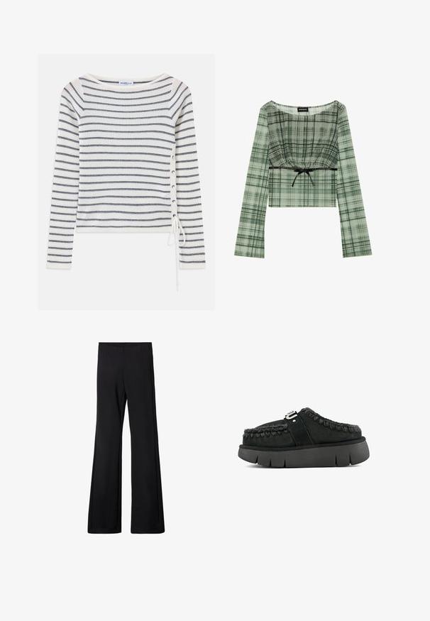 Stribet langærmet top i hvid og navy, med en bred halsudskæring og snørredetaljer på siden. Fremstillet af et struktureret strikket stof.; Grønternet crop top med lange ærmer, der har en samlet halsudskæring og en sort bindebåndsdetalje i livet. Lavet af let materiale.; Sorte flarebukser med elastisk talje, lavet af et blødt, strækbart stof, der har en glat tekstur og ingen synlige mønstre eller hardware.; Sorte ruskinds slip-on sko med pelskant, fletninger og en chunky sort sål. Har en mærkevarestrap over toppen.