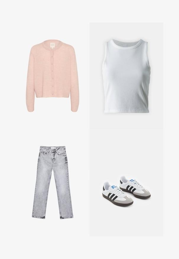 Ljust rosa kofta i mjuk tyg, med rund krage, långa ärmar och full knappslutning framtill.; Vit ribbad linne med rund halsringning och ärmlös design, med en rak nederkant och en smidig, elastisk textur.; Grå denimjeans med rak benpassform, slitna detaljer, fem fickor och kopparnitar. Midjan har en logotagg.; Sportskor med överdel i vit läder, grå mocka på tårna och tre svarta ränder. Har en blå logotyp på tungan och en texturerad gummisula.