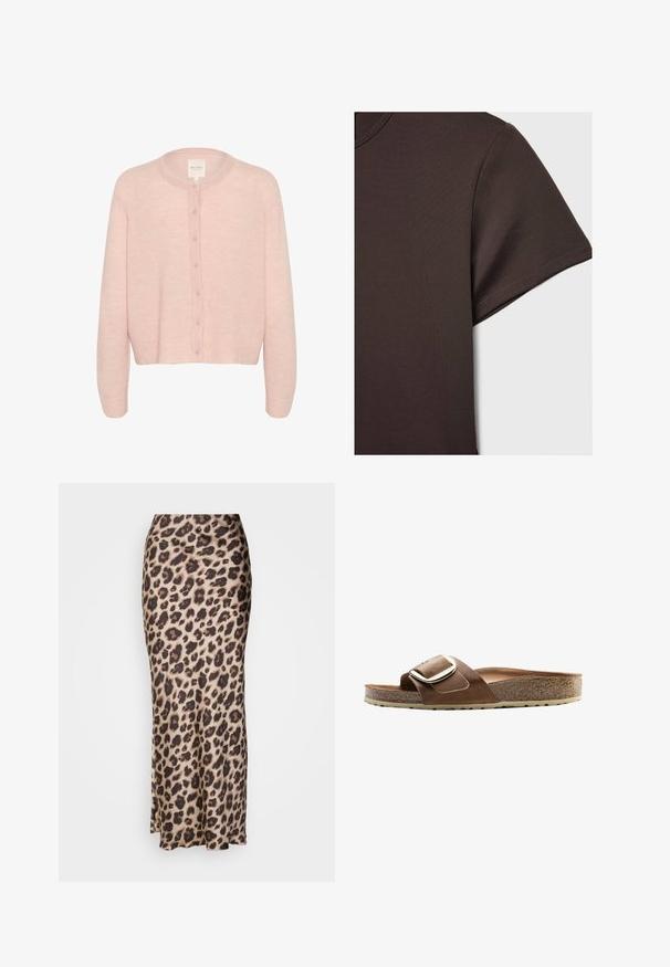 Svetloružový cardigan vyrobený z mäkkej tkaniny, s okrúhlym výstrihom, dlhými rukávmi a úplným zapínaním na gombíky po celej prednej strane.; Tmavo hnedé tričko s krátkym rukávom vyrobené z hladkého, elastického materiálu, s klasickým okrúhlym výstrihom a čistými detailmi šitia.; Midi sukňa s leopardím vzorom vyrobená z hladkého saténového materiálu. Má priliehavý strih s jemným rozparkom na leme pre lepší pohyb. Neutrálna béžová a hnedá farba.; Hnedé kožené sandále na sklze so širokým popruhom, kovovou prackou a tvarovanou korkovou stielkou na textúrovanej gumenej podrážke.