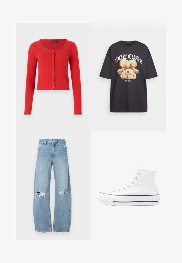 Roter gerippter Cardigan mit rundem Ausschnitt, langen Ärmeln und Knopfverschluss an der Vorderseite, mit dekorativem Wellenbesatz am Ausschnitt.; Schwarzes, übergroßes T-Shirt mit einem Grafikdruck eines Bären und dem Text "NICHT SÜß, SONDERN WILD" in fetter, weißer Schrift. Baumwollmaterial.; Helles, hochtailliertes Jeans aus Denim. Hat weit geschnittene Beine, zwei aufgerissene Kniebereiche und klassischen Fünf-Taschen-Stil.; Weiße hochwertige Leinensneaker mit schwarzer Gummisohle, vorderem Gummizehenschutz und sechs Ösen für Schnürsenkel, die ein sauberes, minimalistisches Design aufweisen.