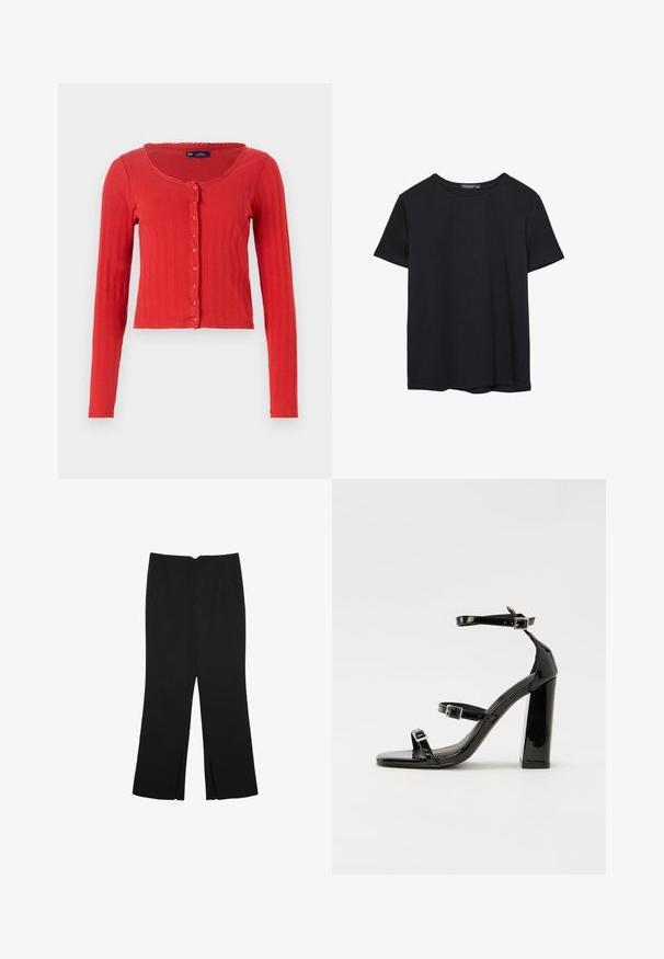 Red ribbed cardigan with a round neckline, long sleeves, and button closure along the front, featuring decorative scalloped trim at the neckline.; Plain short-sleeve black cotton T-shirt with crew neck, displayed on a white background.; Black trousers with a straight fit, featuring front pockets and side slits at the hem. Made of soft, smooth fabric. Suitable for various occasions.; Black patent heeled sandals with a square toe, ankle straps, and silver buckles. Features a chunky block heel for stability.