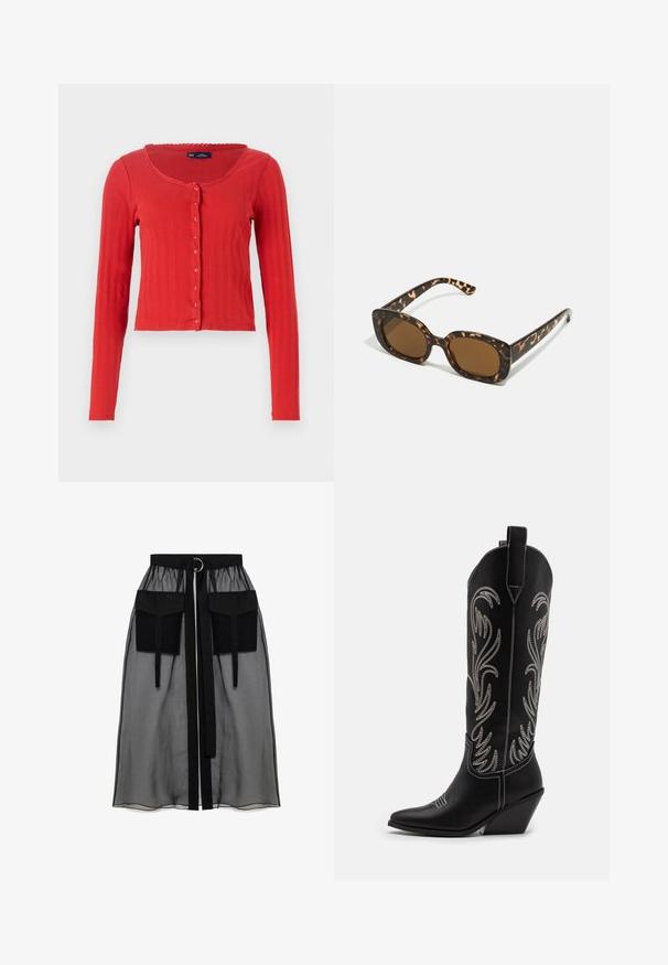 Cárdigan rojo de canalé con cuello redondo, mangas largas y cierre de botones en la parte delantera, con un trim decorativo en forma de ondulaciones en el cuello.; Vestido de tubo de punto en un azul marino oscuro con manga corta, que presenta un diseño ajustado y una textura suave. Cuello ajustable para un ajuste personalizado.; Falda negra transparente con una cinturilla fruncida, que presenta dos grandes bolsillos frontales, un lazo en la cintura y un acento metálico circular.; Botas de cowboy de cuero negro con puntas afiladas, tacones cuña y patrones florales bordados en plata a lo largo del caña. Costuras en contraste por toda la bota.; Gafas de sol de carey con un marco redondeado y robusto y lentes marrones. Presentan patrones sutiles y brazos rectos y cónicos.; Bolso de mano de cuero negro con un diseño curvado, que cuenta con tachuelas plateadas, una hebilla y dos bolsillos laterales. Correa ajustable para opciones de transporte.